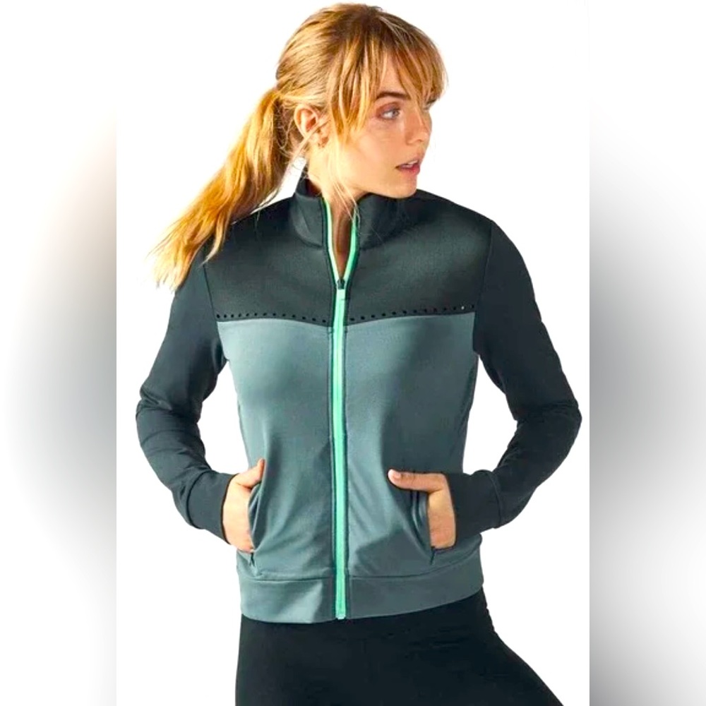 Cleo green full zip front perforated jacket. Two-tone colorblocking.